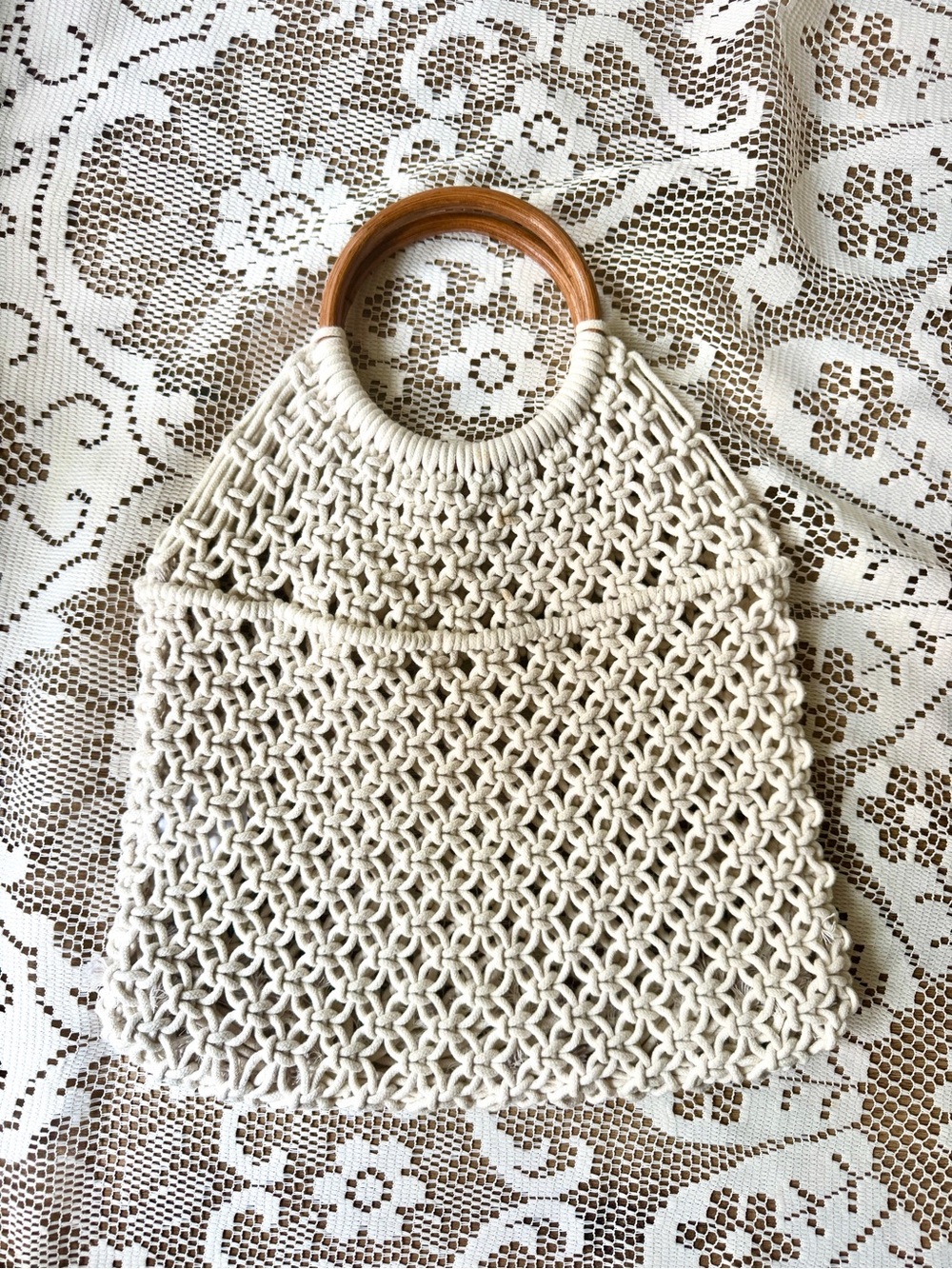 Cream Macramé Tote with Wooden Handles